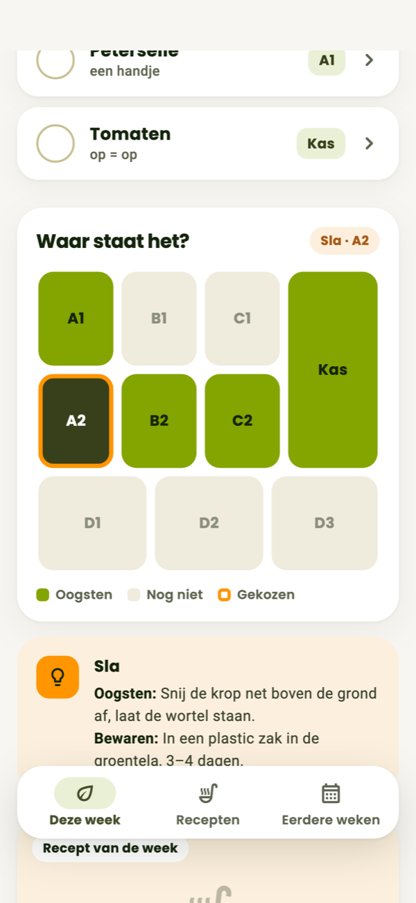 De plattegrond in de app met het gekozen vak en een oogst- en bewaartip