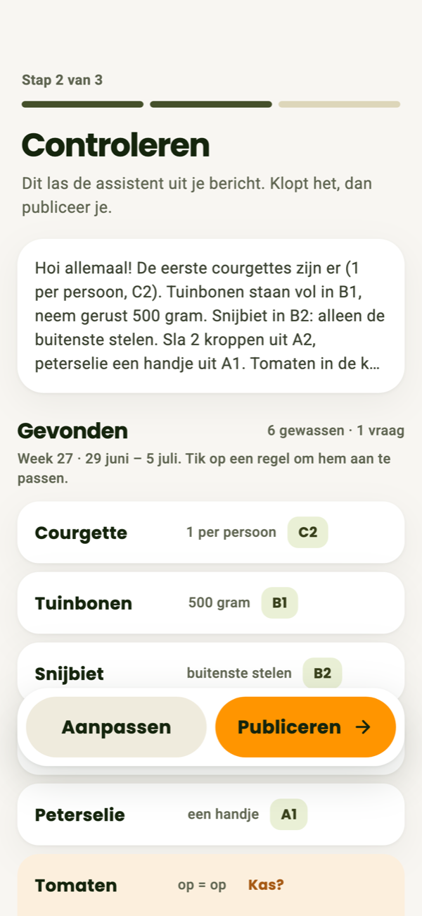 Het weekbericht nakijken in de app: gevonden gewassen met hoeveelheid en vak
