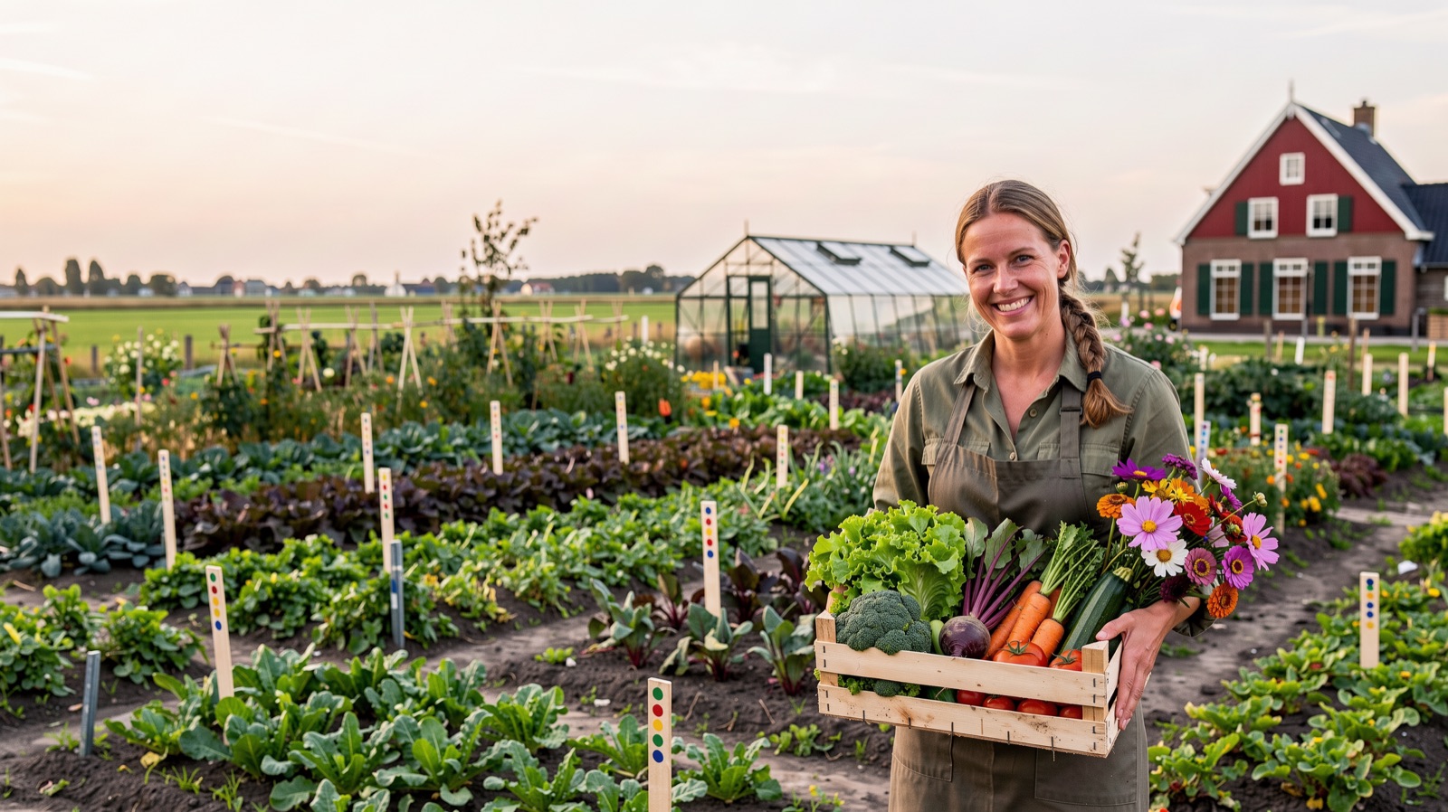 Een tuinder met een kist vers geoogste groente en bloemen in een zelfoogsttuin